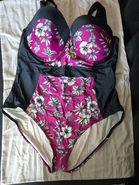 Adore Me Black & Magenta Floral One-Piece Swimsuit